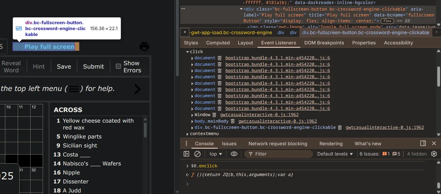 Devtools inspector showing the fullscreen "button" containing a single "click" event handler.