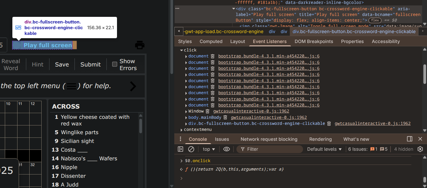 Devtools inspector showing the fullscreen "button" containing a single "click" event handler.