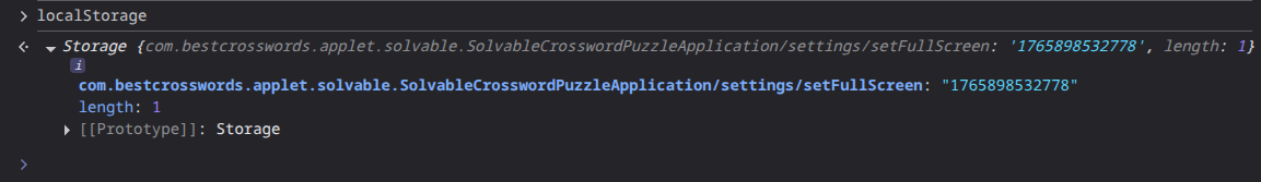 Devtools console showing localStorage containing a single key named "com.bestcrosswords.applet.solvable.SolvableCrosswordPuzzleApplication/settings/setFullScreen".