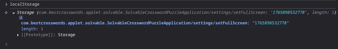Devtools console showing localStorage containing a single key named "com.bestcrosswords.applet.solvable.SolvableCrosswordPuzzleApplication/settings/setFullScreen".